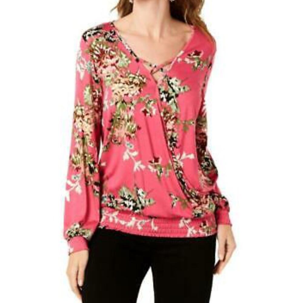 Style & Co. Smocked Hem Pink Surplice Floral Top Size Large